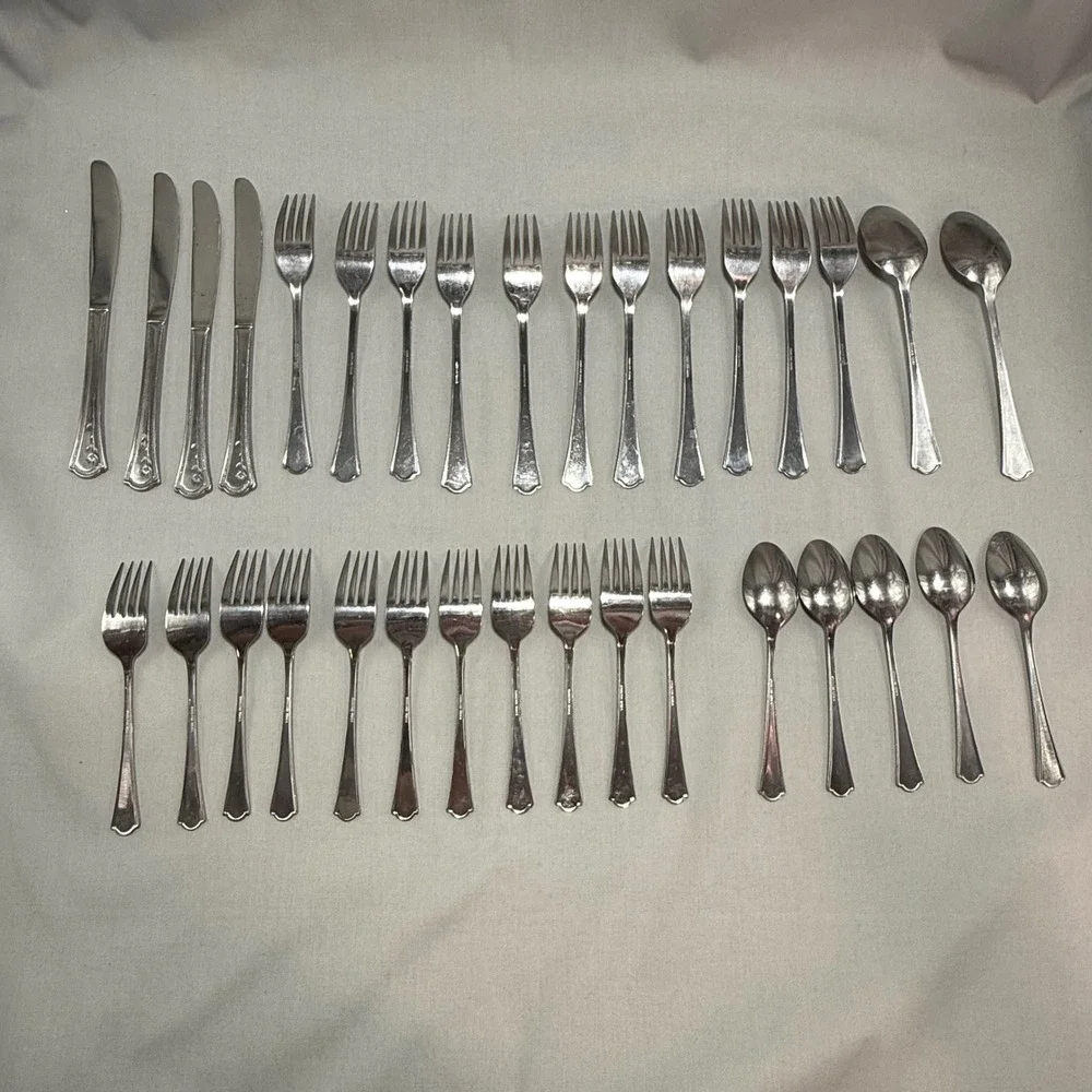 Estia Rosette 33 pc Replacement Flatware Long Stem Rose Beaded Trim Discontinued